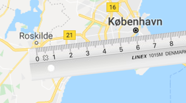 Map with ruler showing scale between Roskilde and Copenhagen